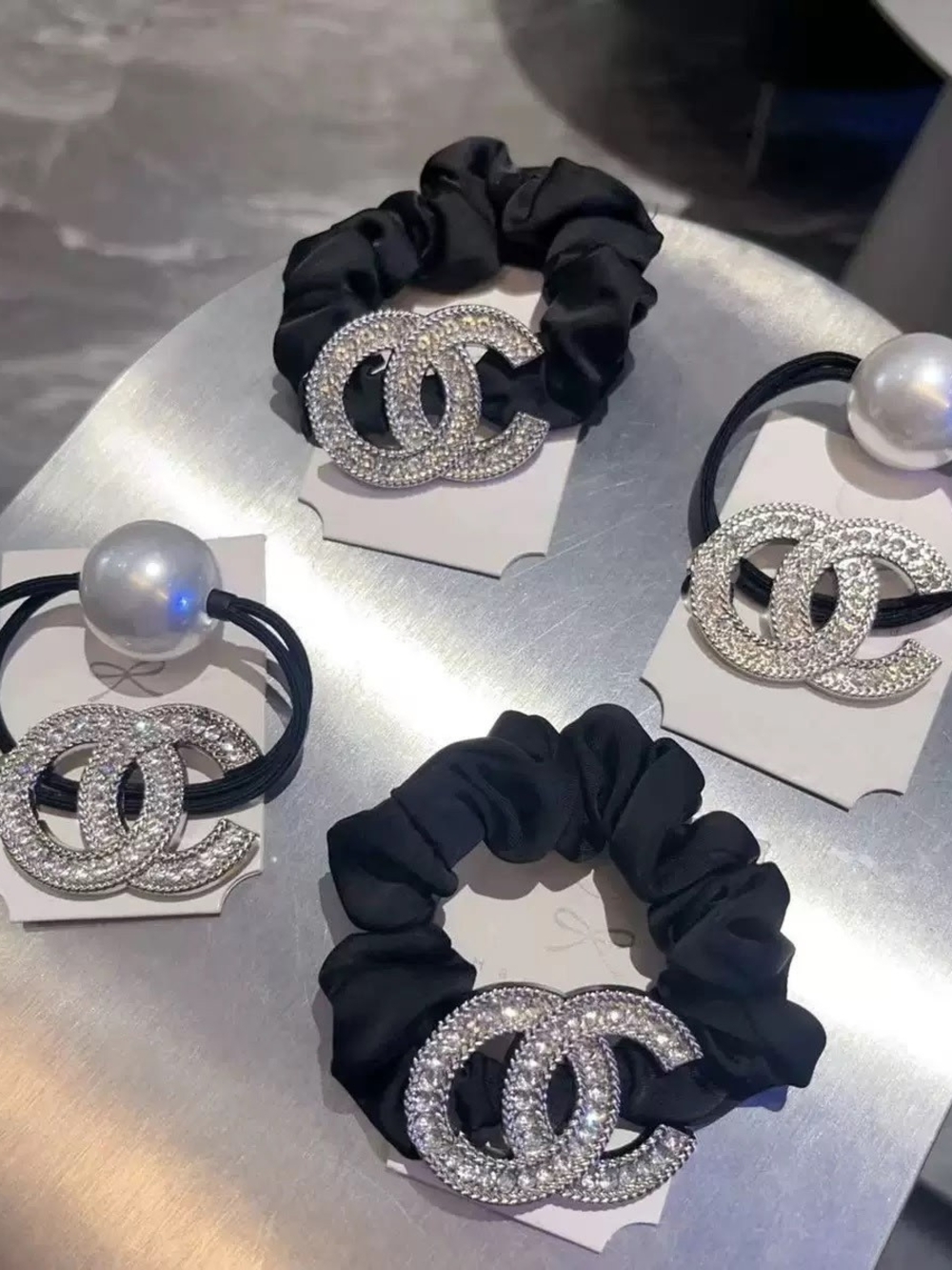 VIP Crystal Double-Circle Black Scrunchie Hair Tie Priced Each